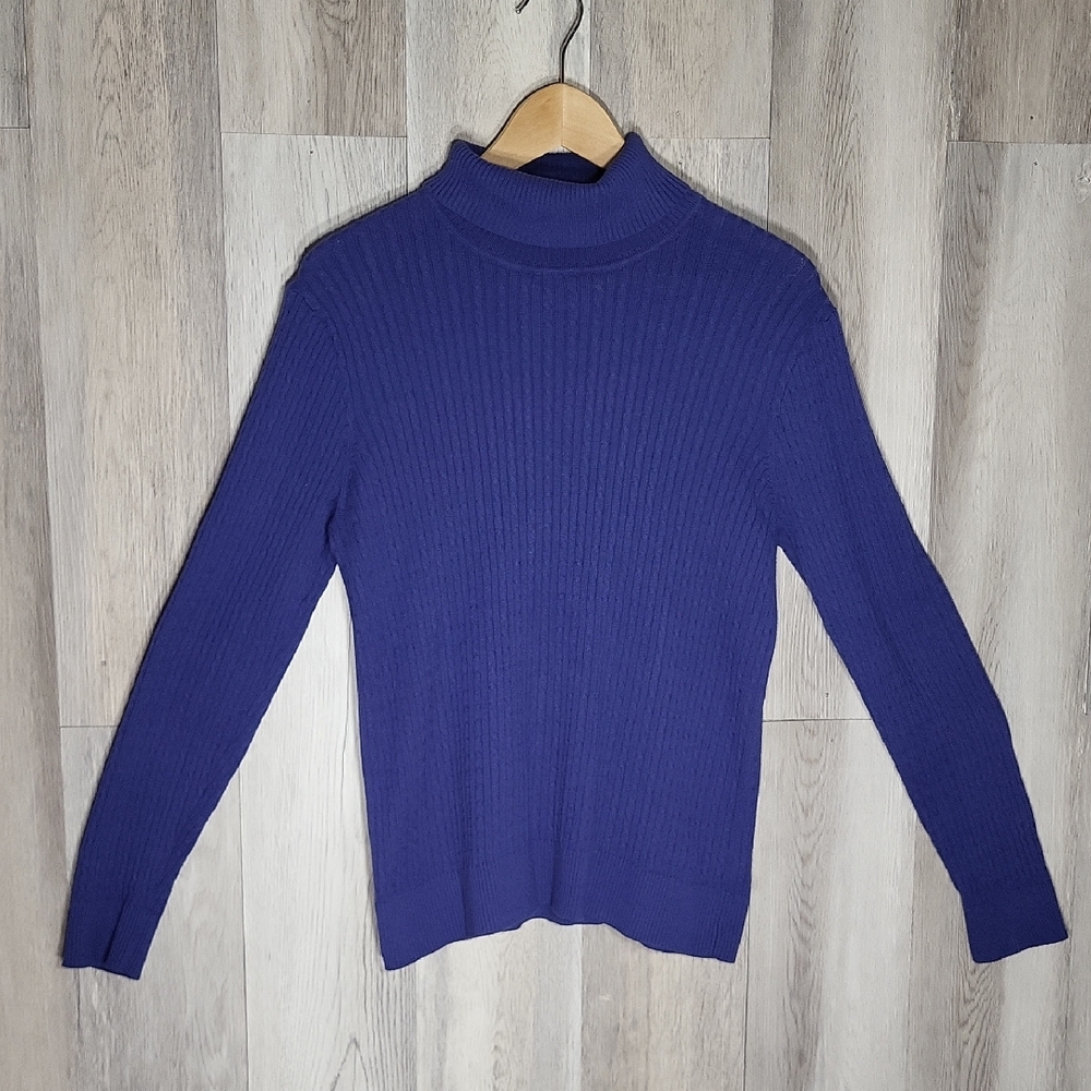 Jeanne Pierre Thin Cable Knit Sweater Large Lapis Lightweight Turtleneck Preppy